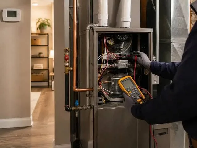 Heating technician diagnosing wiring inside a residential furnace