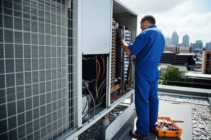 HVAC technician servicing a large outdoor system during routine maintenance