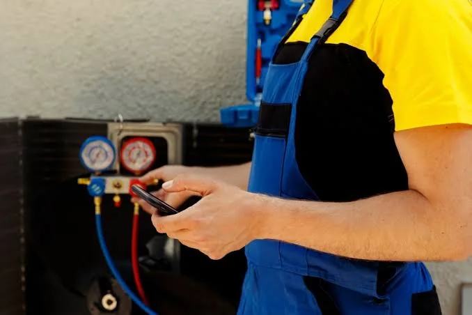 HVAC technician reviewing air-system readings beside diagnostic gauges